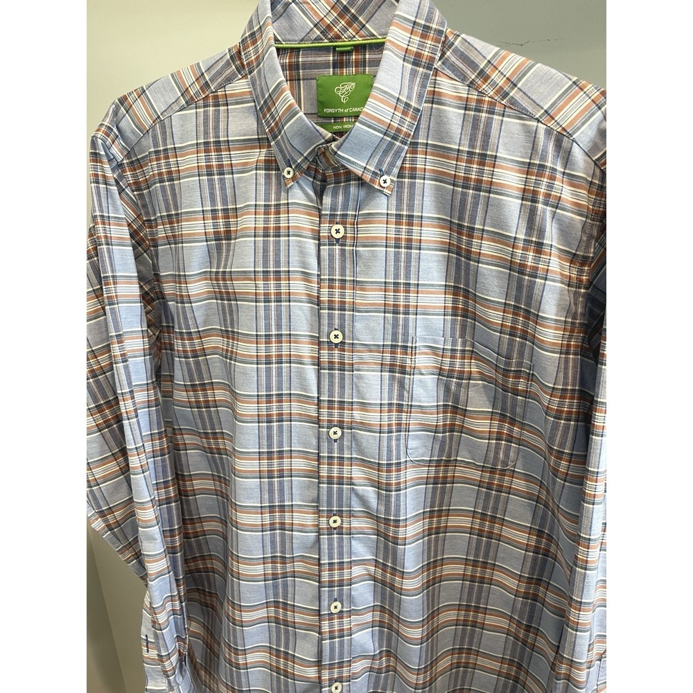 Forsyth of Canada Mens Non Iron Plaid Button Down Shirt Blue Brown Large L/G